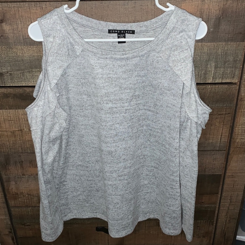 Grey sweater with cold shoulder ruffles